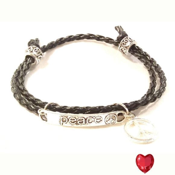 Peace Sign Black Leather Wrap Bracelet - Picture 8 of 8
